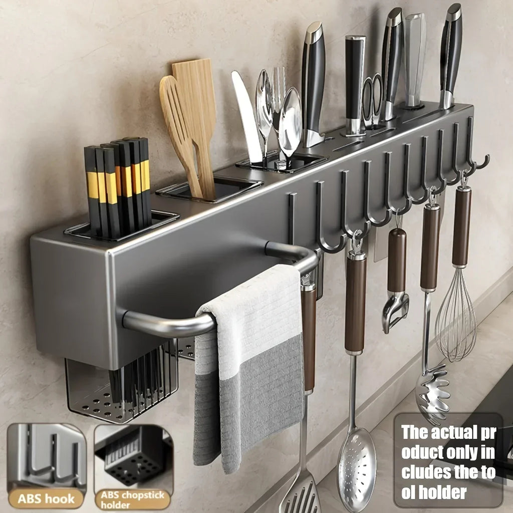 Kitchen Cookware Storage Rack Stainless Steel Multi-functional Non-punching Rack Chopstick Cylinder Wall-mounted Knife Holder