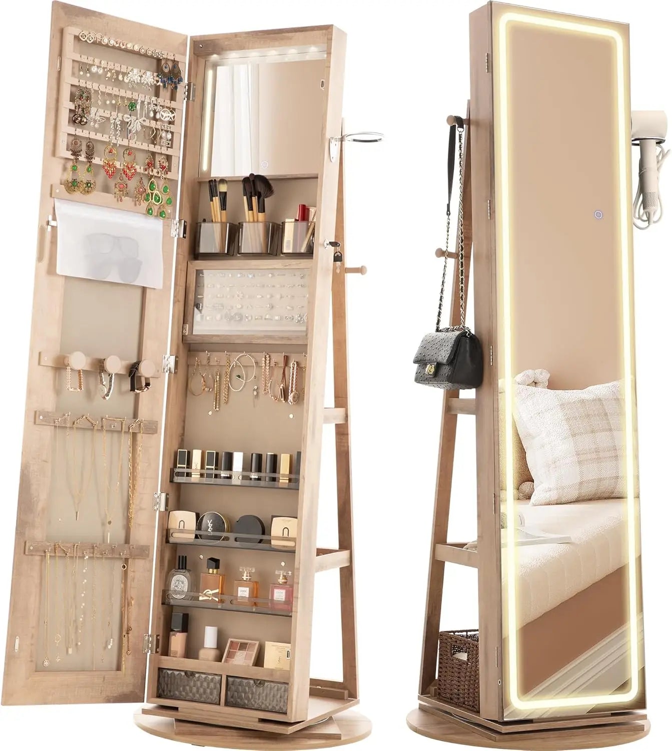 LED Mirror Jewelry Cabinet Standing, 360° Swivel Lockable Jewelry Armoire with Full Length Mirror and Adjustable LED Lights