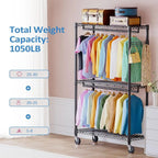 3 Tier Heavy Duty Rolling Garment Ra Wire Clothes Ra For Hanging Clothes, Metal Freestanding Closet Wardrobe With Double Rods