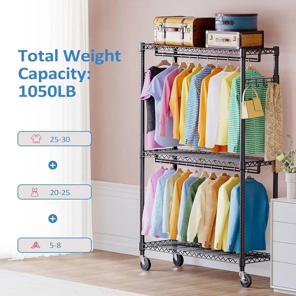 3 Tier Heavy Duty Rolling Garment Ra Wire Clothes Ra For Hanging Clothes, Metal Freestanding Closet Wardrobe With Double Rods