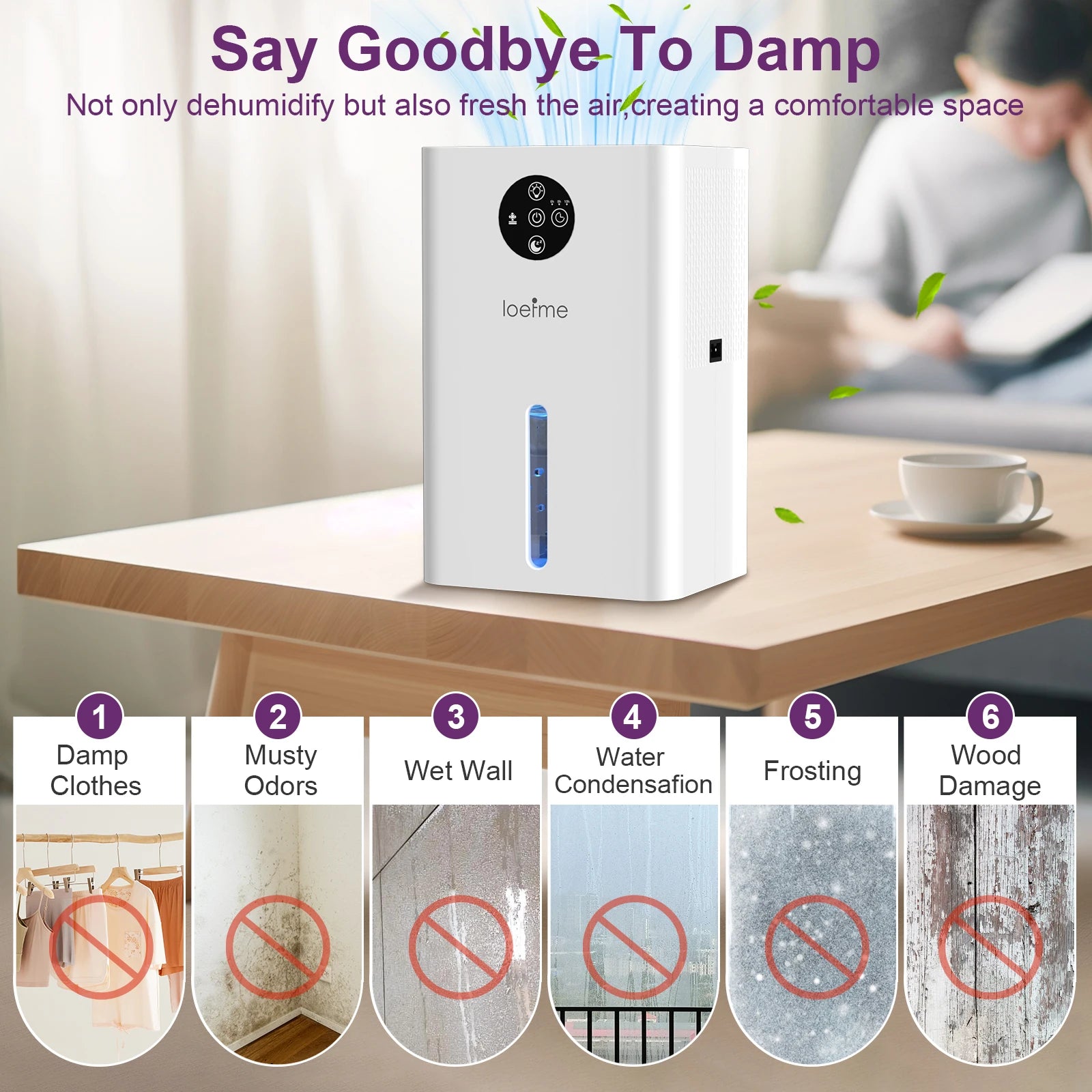 LOEFME 1.8L Silent Dehumidifier Portable Mini Air Dehumidifier with Touch Display LED Light Area 5–20m² for Home Bedroom Office
