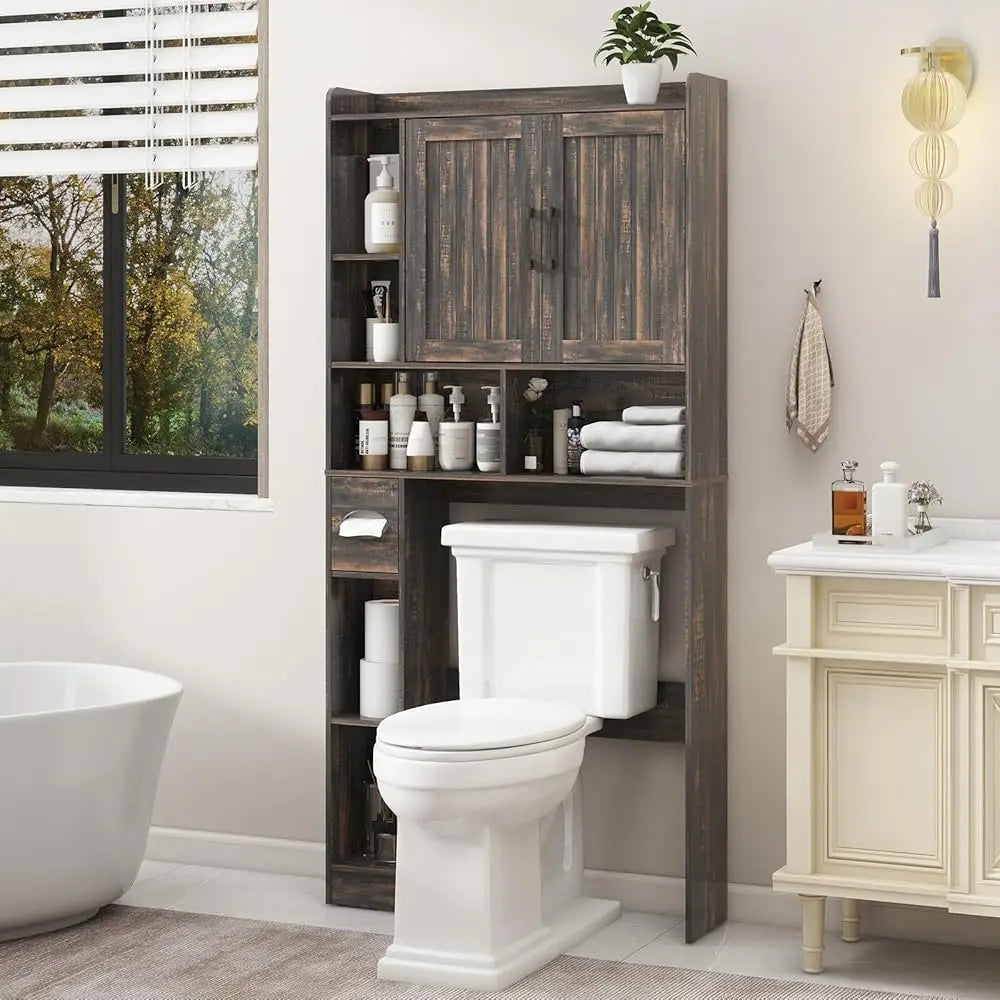 Vabches Bathroom Organizer Storage Wood Over The Toilet Storage Cabinet with Barn Doors&Toilet Paper Stand 67'' Tall Toilet Rack