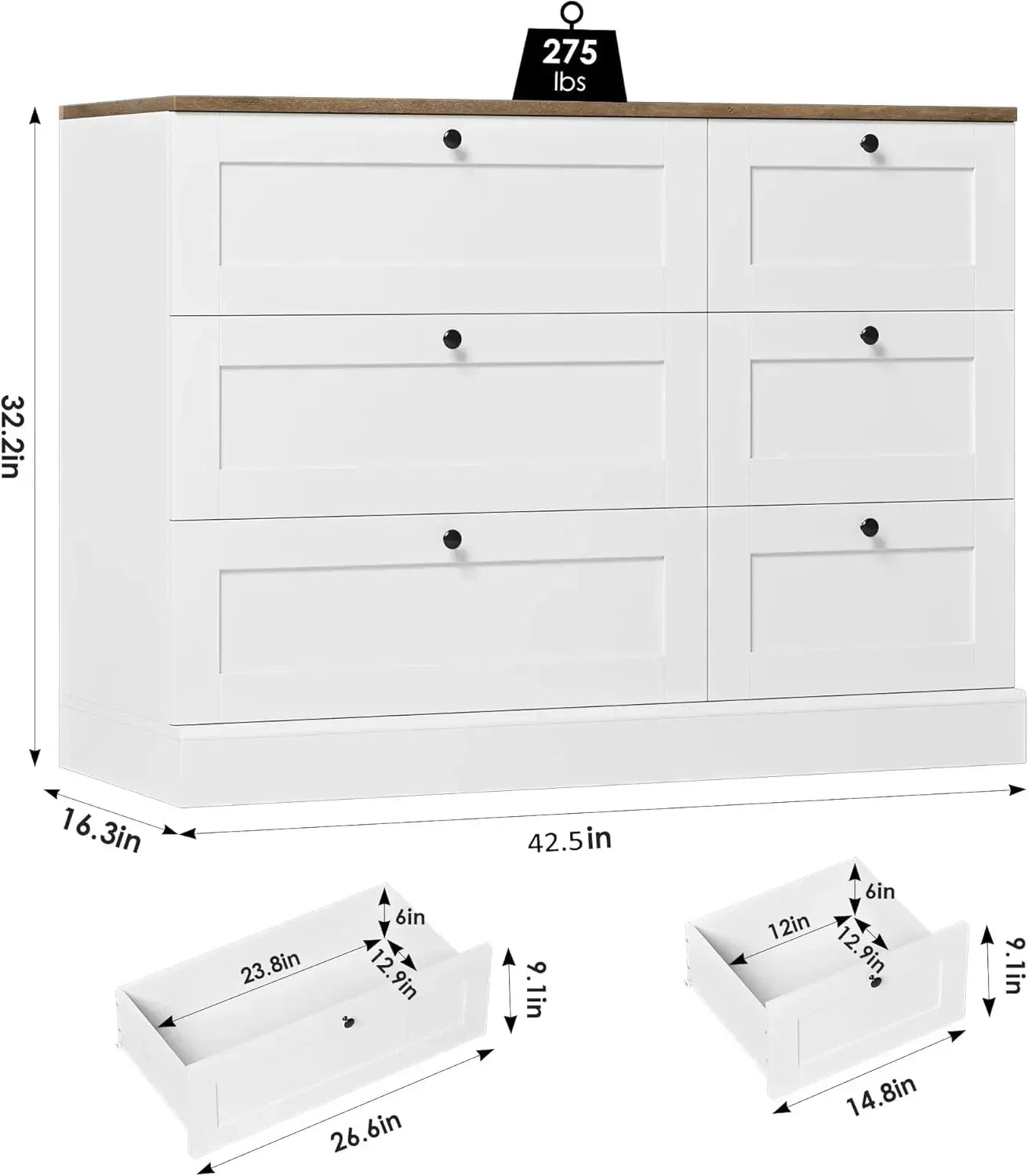 6 Drawer Dresser, White Dresser for Bedroom, Wood Chest of Drawers, Modern Farmhouse Drawer Chest, Wide Double Dresser