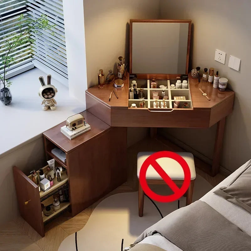 Modern Corner Dressing Vanity with Mirror and Makeup Vanity Set with Charging Station for Bedroom/Cloakroom Wooden Vanity Table