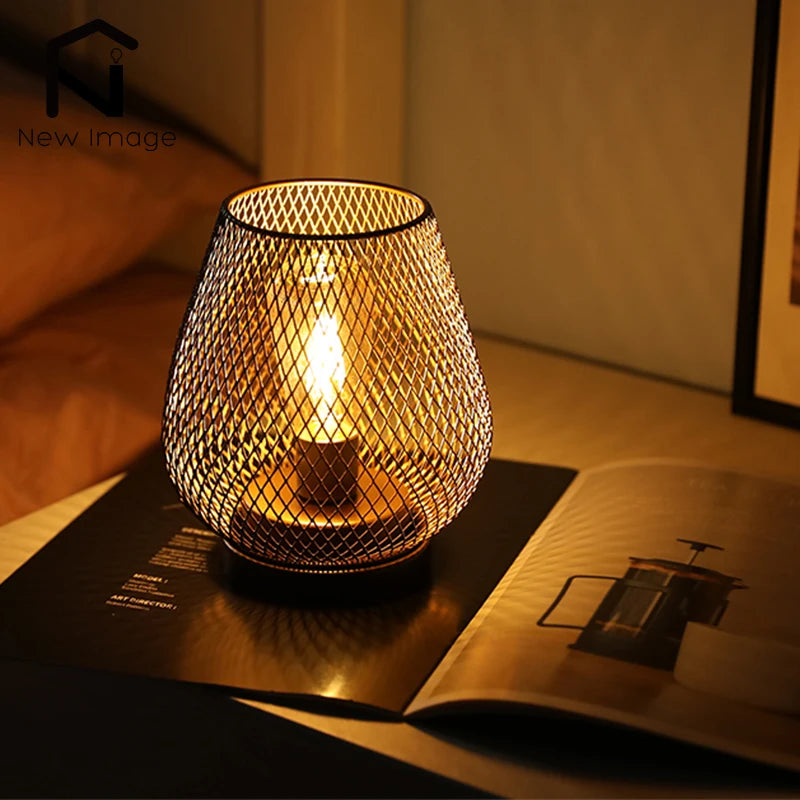 Nordic Metal Hollow Cage Candle Holder LED Lantern Battery Powered Cordless Lamp for Wedding Living Room Table Home Decor