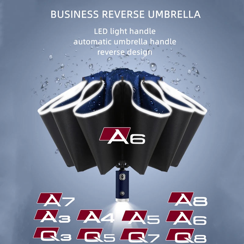 Car Umbrella With LED Flashlight Reflective Stripe Reverse Umbrella for audi sport RS A1 A3 A4 B7 B8 A5 A6 A7 A8 Q3 Q5 Q7 Q8 TT
