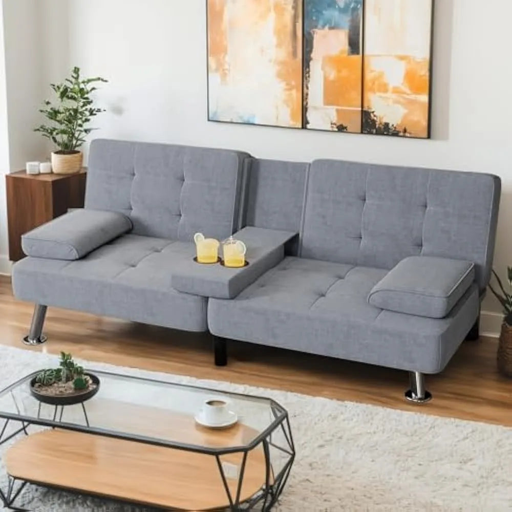 Modern Sofa Bed with Cupholders & Metal Legs