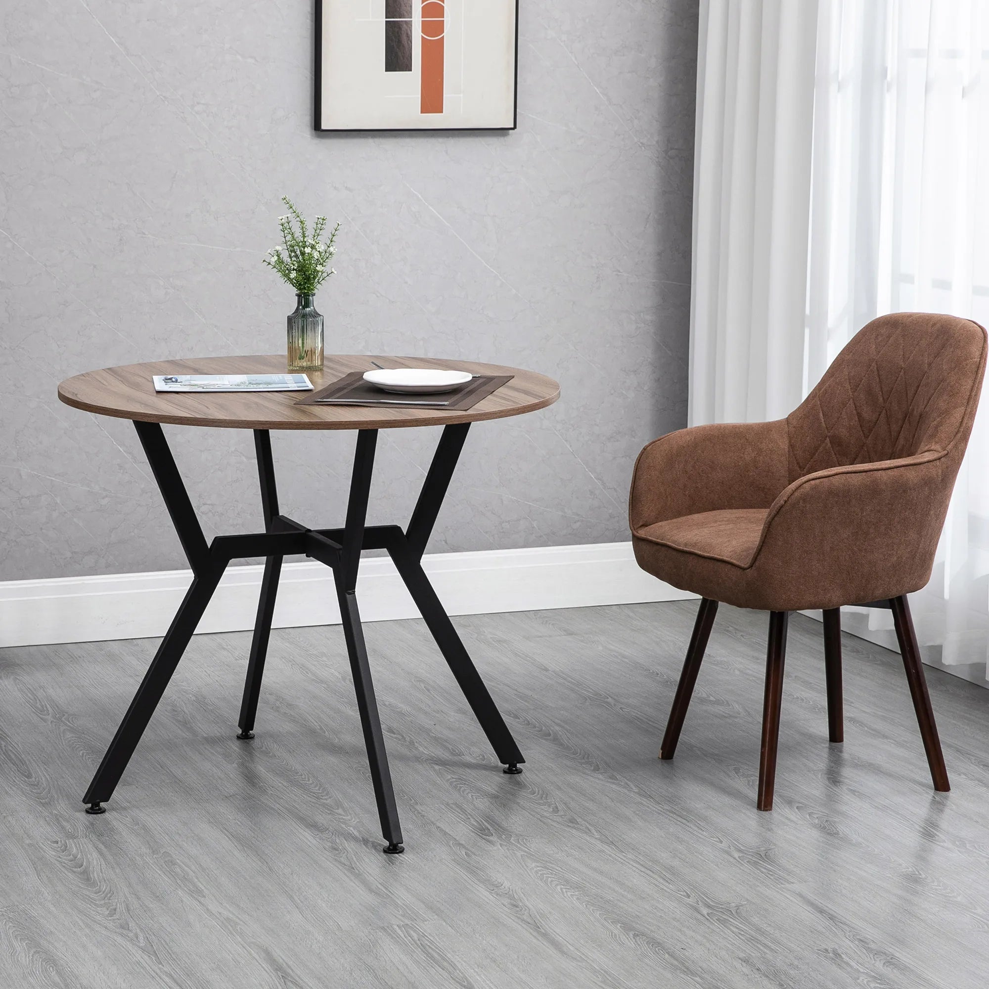 Homcom Round Dining Table with Wooden Top and Steel Frame Ø90X76 cm