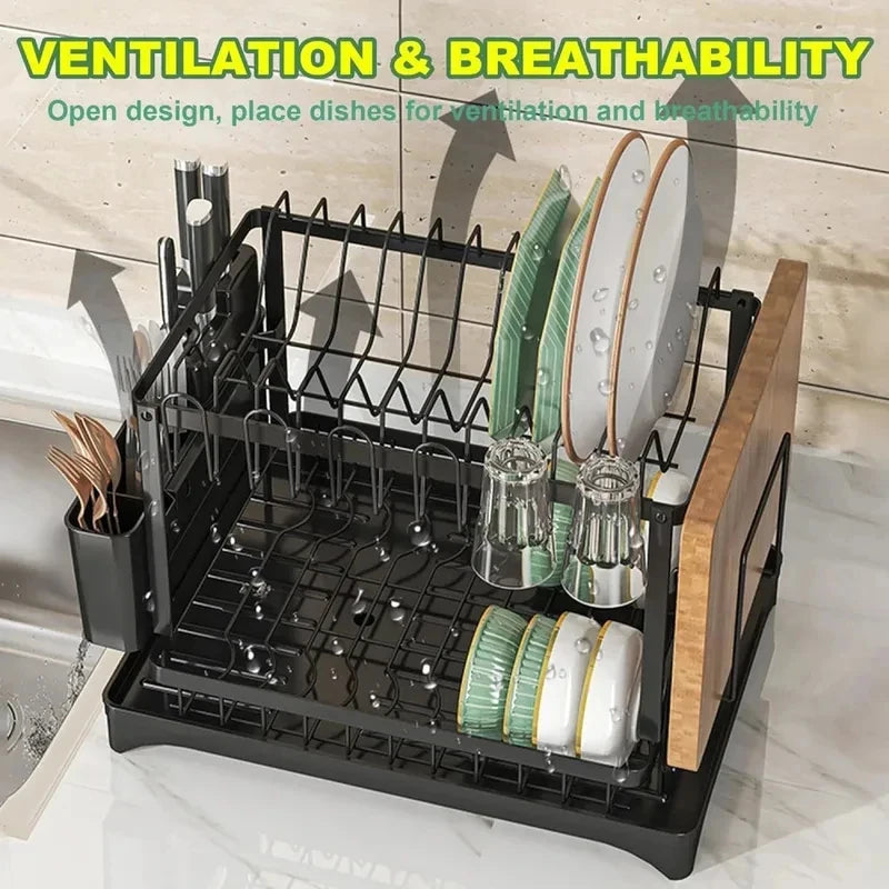 Kitchen Countertop Organizer 2-Tier Rustproof Metal Dish Drying Rack with Drain Tray Large Capacity