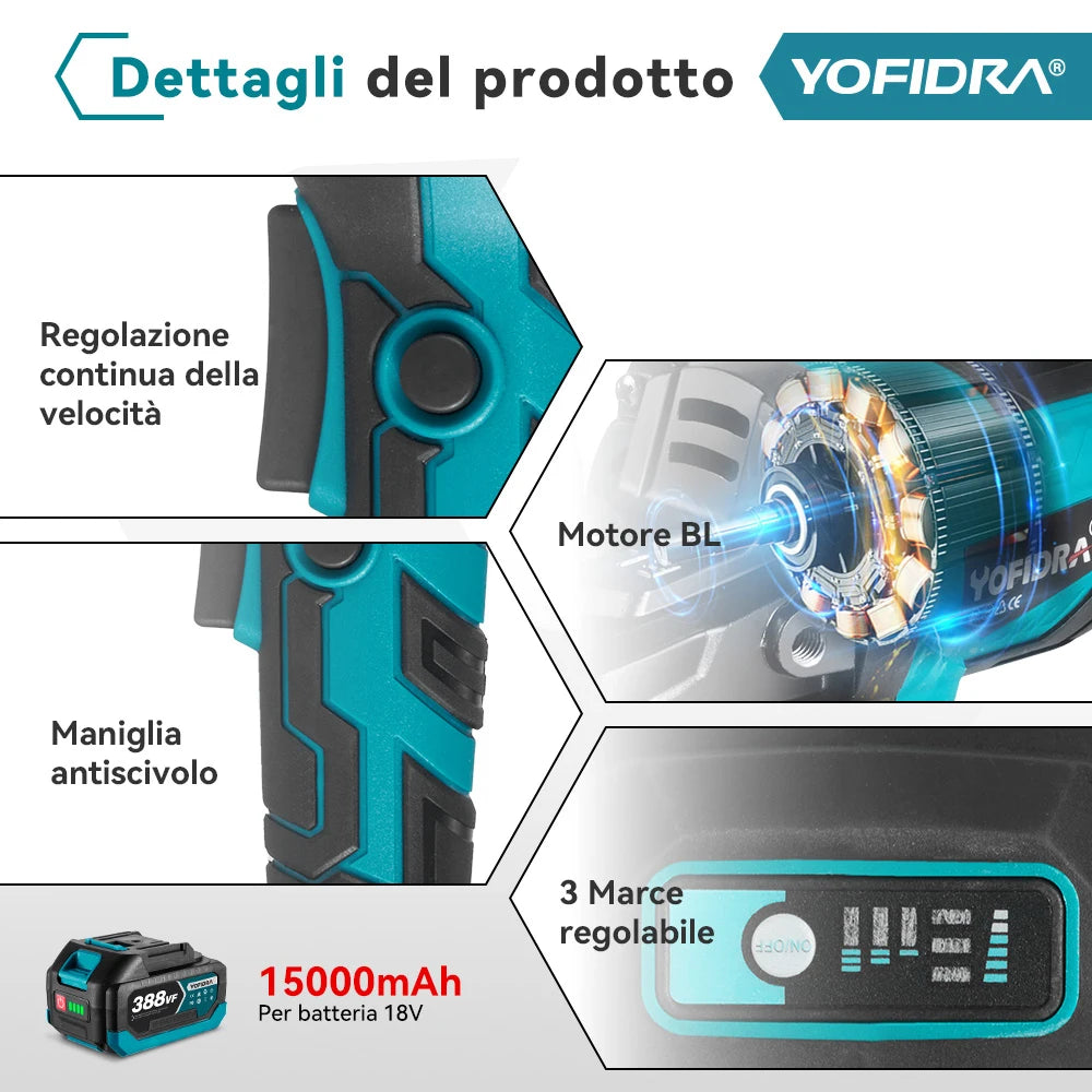 YOFIDRA 125mm Brushless Angle Grinder 3 Gears M14 Cordless Electric Impact Grinding Power Tool For Makita 18V Battery Pin