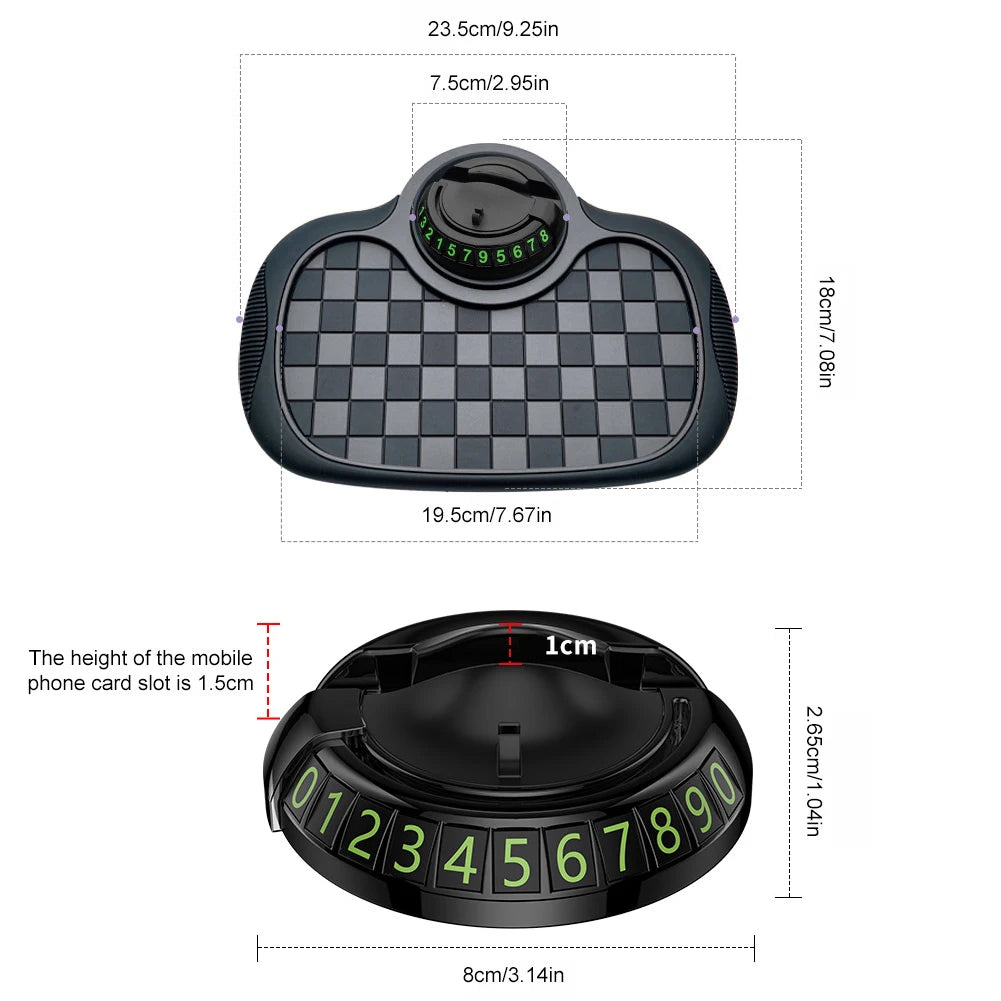 Car Dashboard Mat with Parking Number Plate Car Dash Grip Pad Anti-Shake Rotating Car Phone Holder Anti-Slip Car Accessories