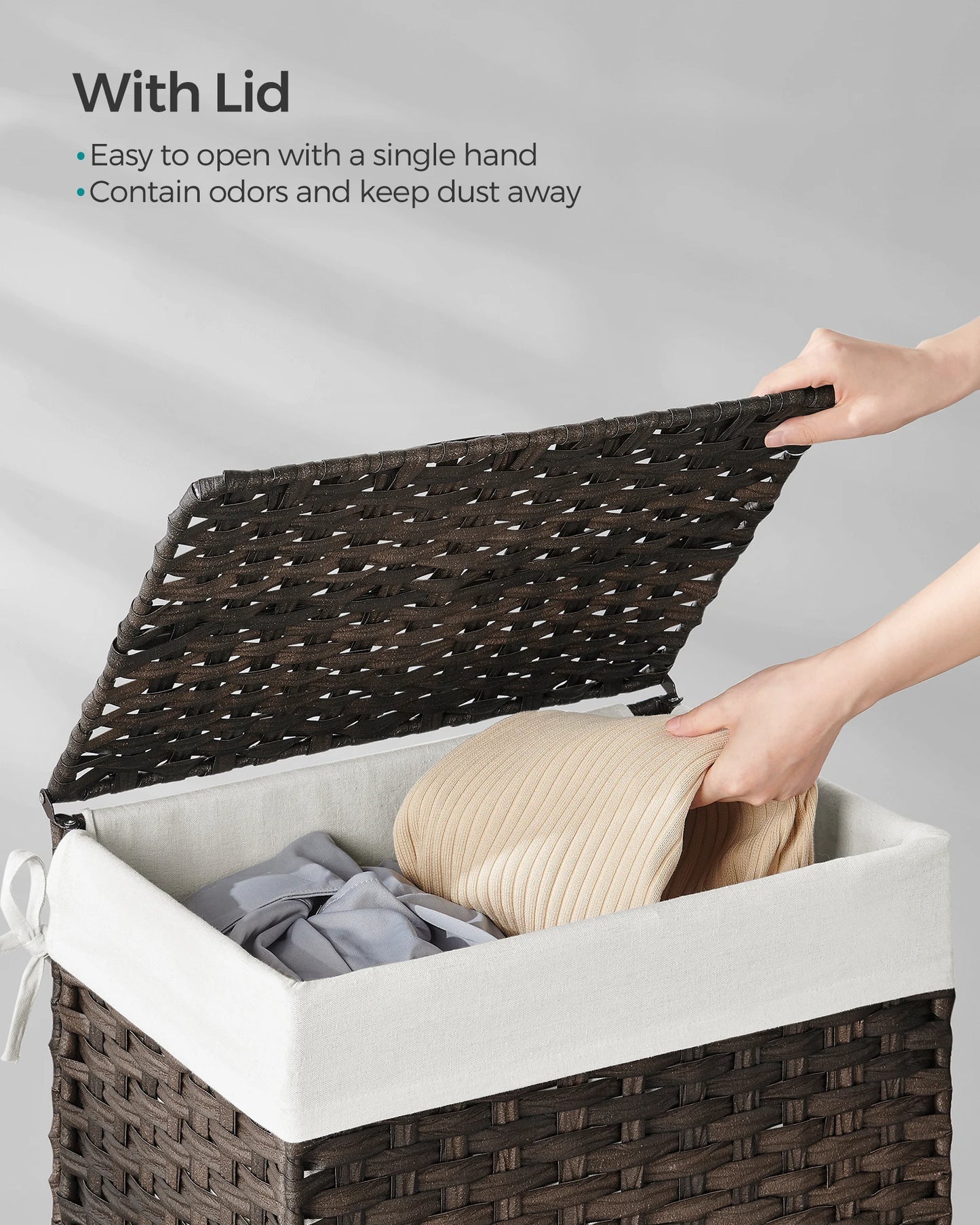 SONGMICS Laundry Hamper with Lid, 23.8 Gallon (90 L) Synthetic Rattan Clothes Laundry Basket with Lid and Handles, Foldable