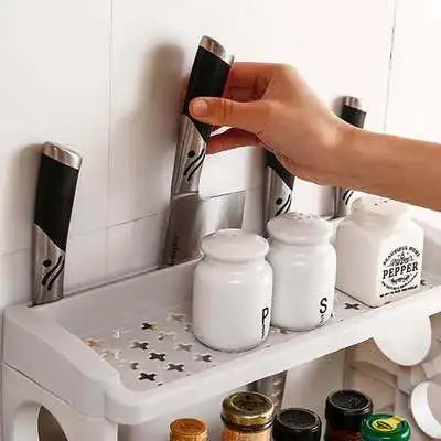 2026 Kitchen floor shelf double-layer kitchen utensils knife rack seasoning rack multi-function storage organizer