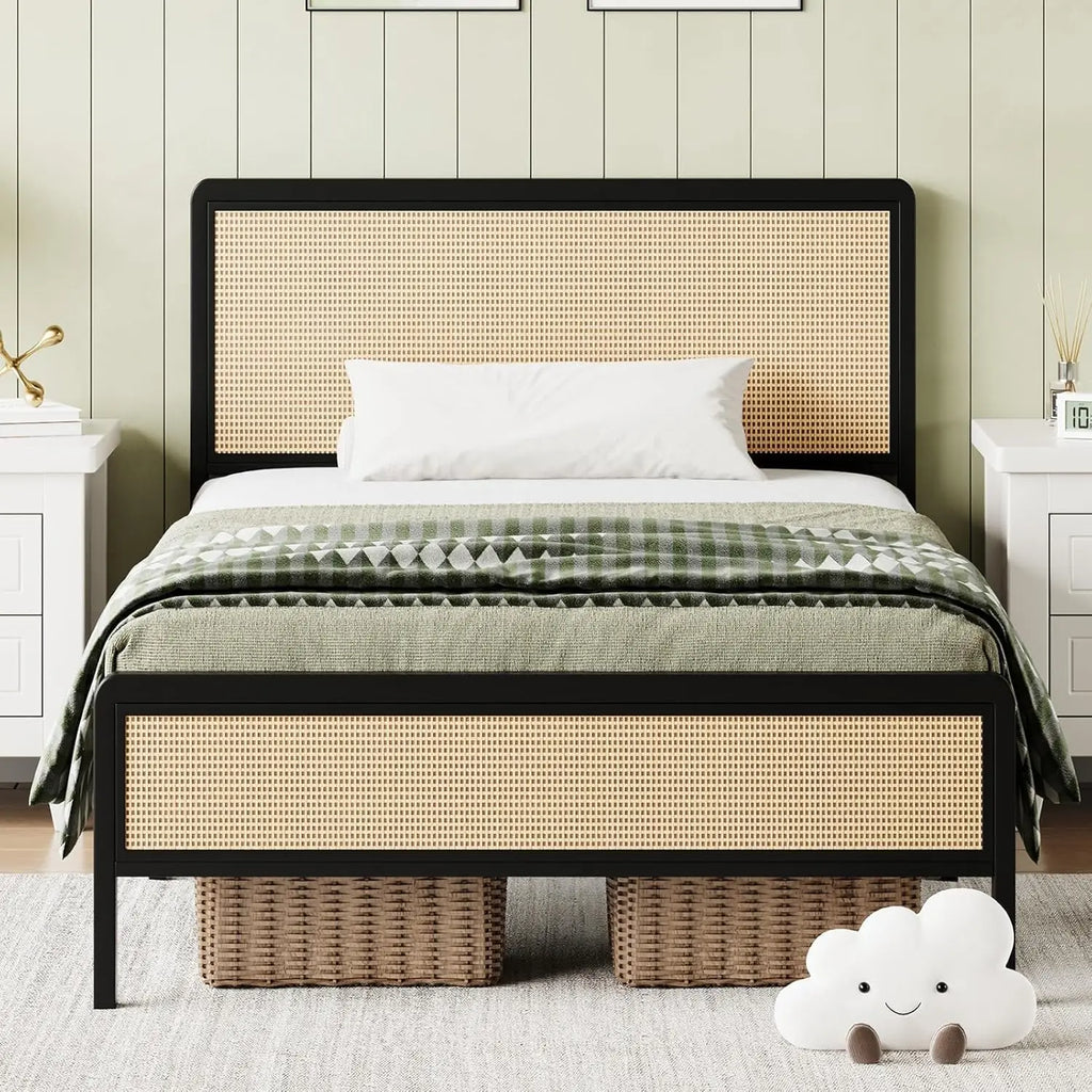 Rattan Queen Bed Frame with Headboard, Metal Platform Bed Frame Queen Size, Strong Steel Slats Support, No Box Spring Needed