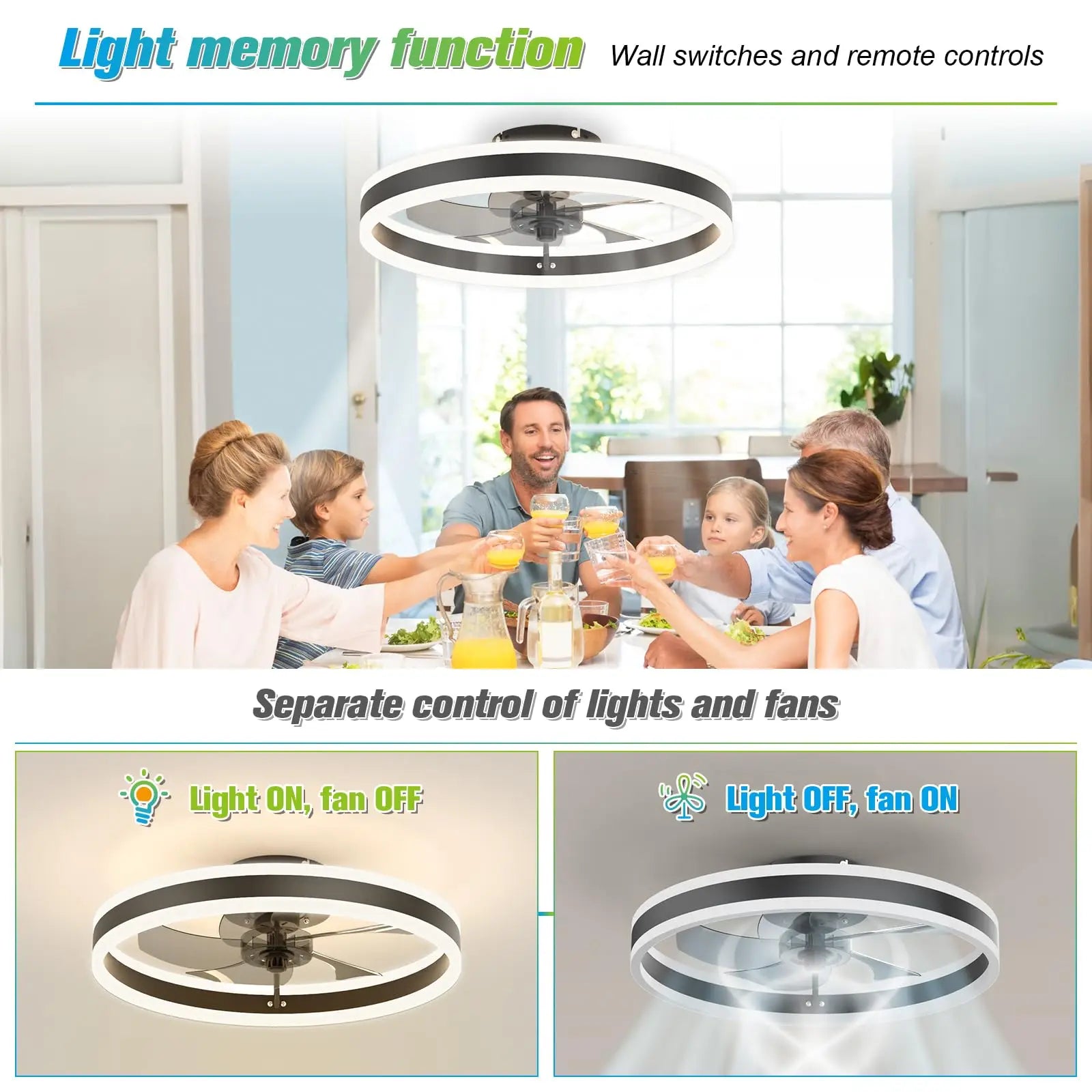 Jelena Silent Ceiling Fan with Remote Control and APP Dimming 6-speed Adjustment LED Fan Light Bedroom Living Room Decoration
