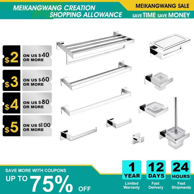 Chrome Polished WC Accessories Toilet Paper Holder Wall Hook Towel Bar Robe Hanger Rack Stainless Steel Bathroom Hardware Set