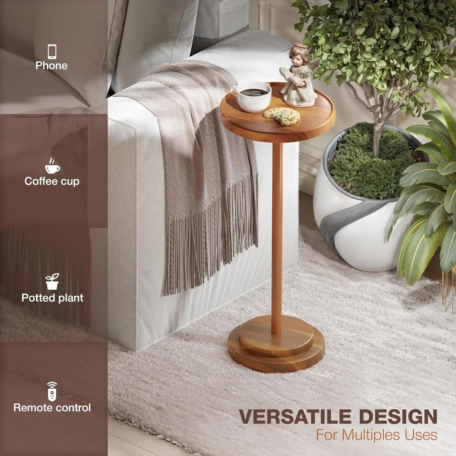 Drink Table,Compact Side Table with Phone Slot and Weighted Base, Durable Pedestal Table Accent for Living Room,Office