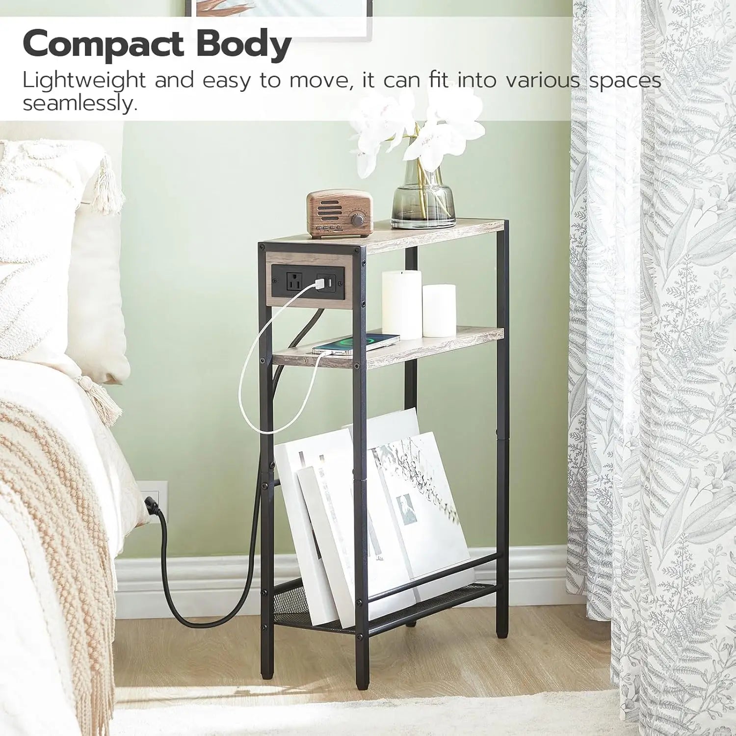 Small Narrow Side Table with Charging Station Set of 2, Skinny End Table for Small Spaces, Slim Nightstand with USB Ports Outlet