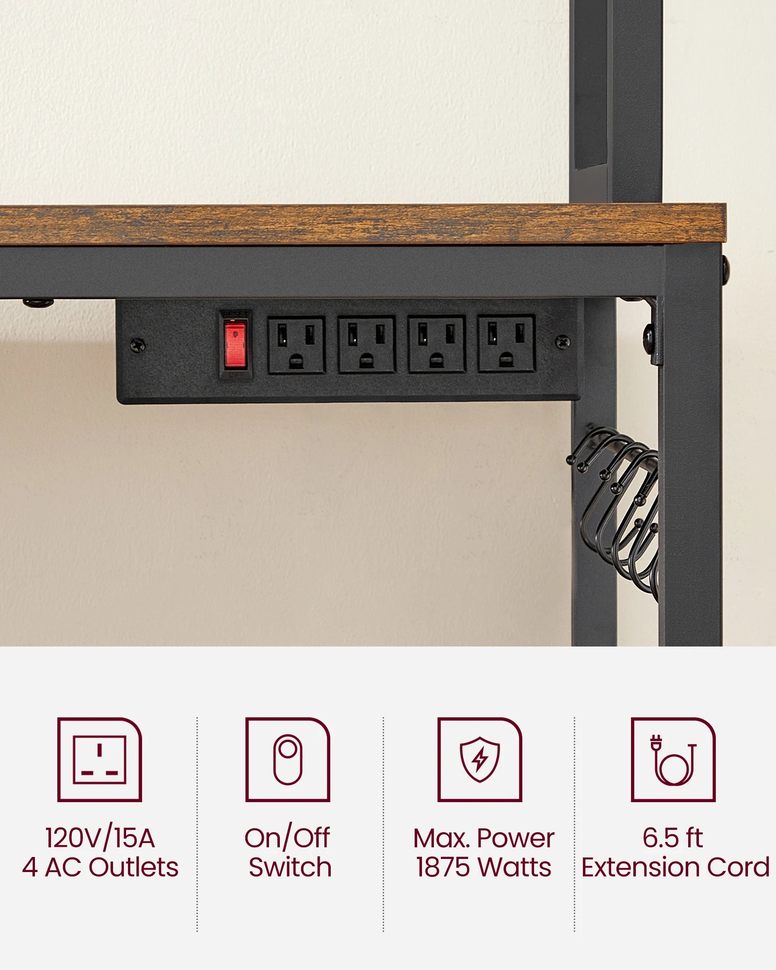 Kitchen Shelf with 6 Hooks and Metal Frame Kitchen Storage Rack Industrial Design Microwave Shelf