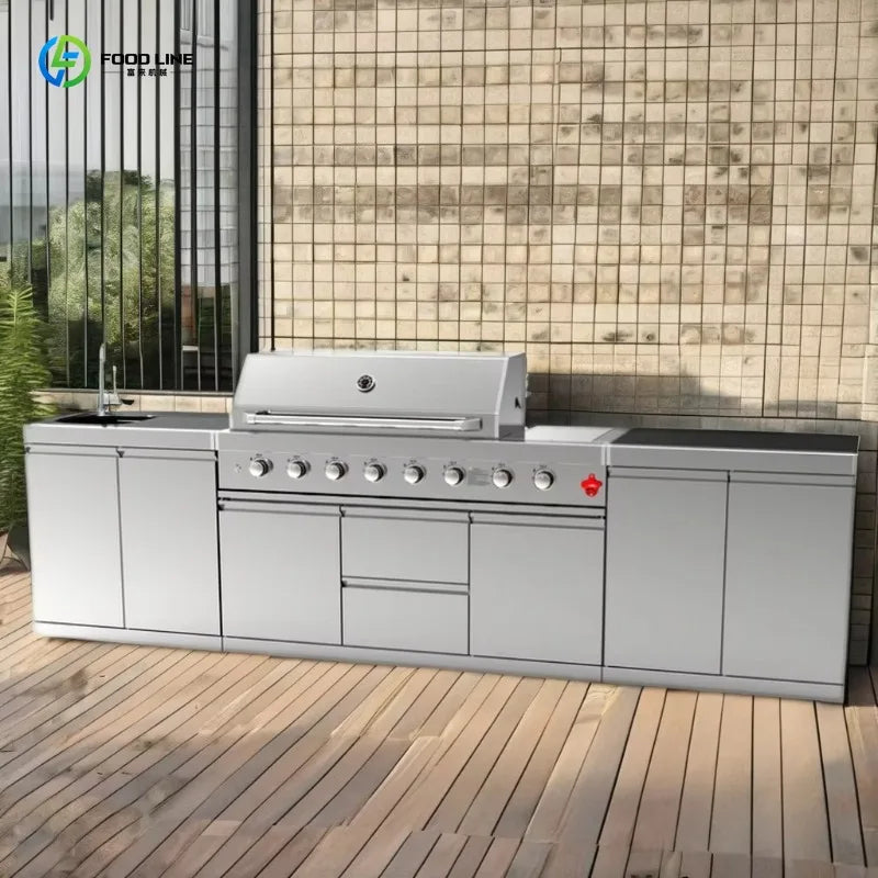 Custom Freely Combined 304 Stainless Steel Outdoor Kitchen With Built-in Refrigerator And Preparation Sink