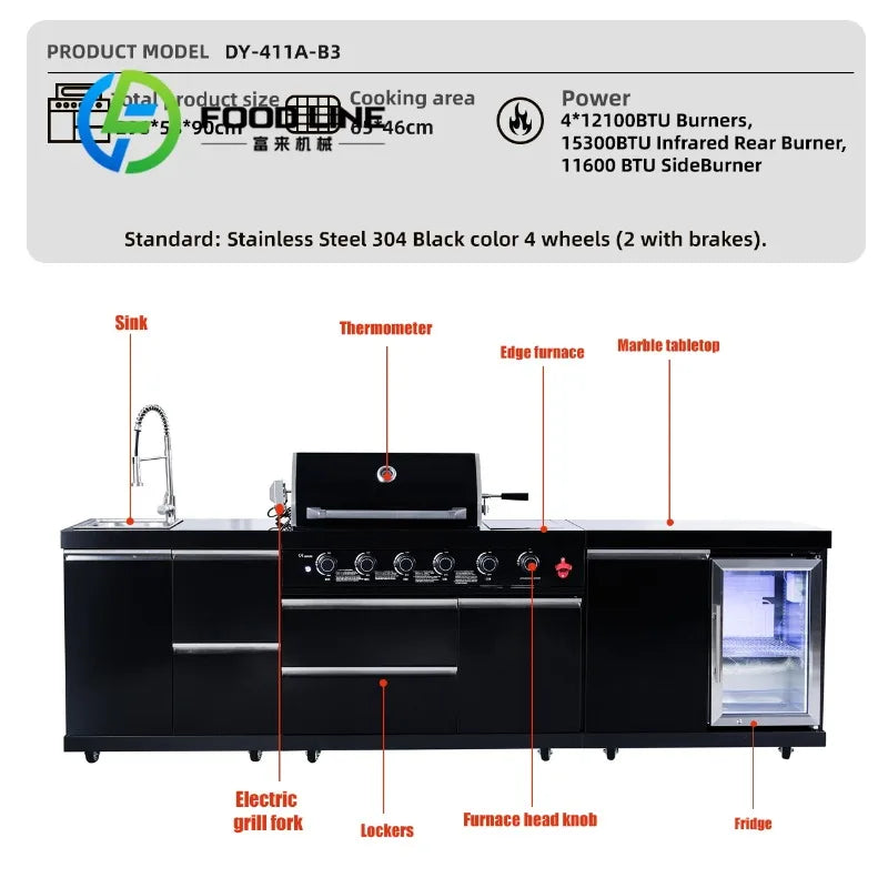 New Stainless Steel Grill BBQ Grill Camping Bbq Outdoor Kitchen Modern Black Finish Cabinets Island Customize