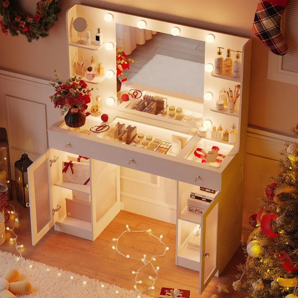 Makeup Vanity with Glass Top, White Vanity Desk with Mirror and Lights, Big Vanity with Drawers & Cabinets for Bedroom