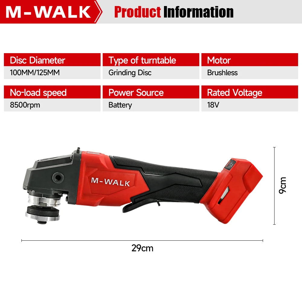 M-WALK 8500RPM High Speed Brushless Angle Grinder 100/125mm With Safety Guard Electric Power Tools For Milwaukee 18V Battery Pin
