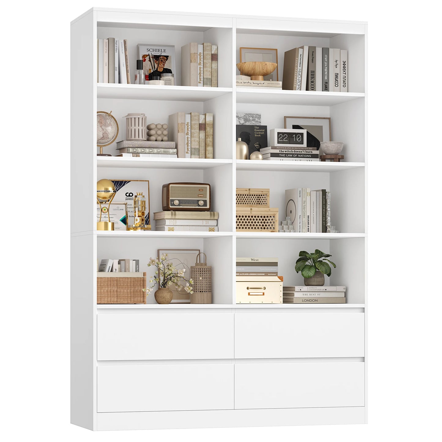 Getone Bookshelf 6 Tier Bookcase White with Drawers 8 Open Compartments Bookshelf Living Room Bookcase  Tall Shelving Unit Free Standing Display Cabinet for Office Home 180x120x30cm