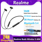 Original Realme Buds Wireless 5 ANC 13.6mm Dynamic Bass Driver Bluetooth 5.4 50dB Hybrid Noise Cancellation Wireless Earphone