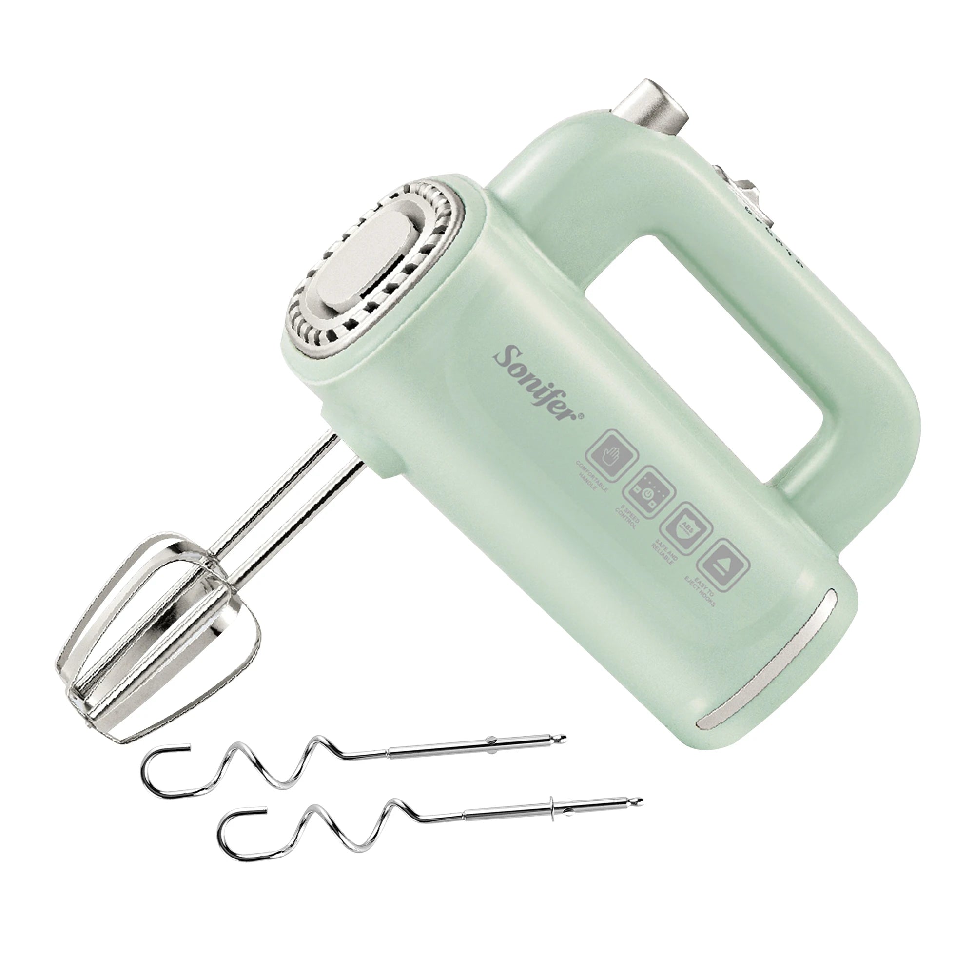 "Sonifer Hand Mixer SF-7034 .Light green appearance, fresh color .New food grade high strength ABS materiel .5 gears sliding adj