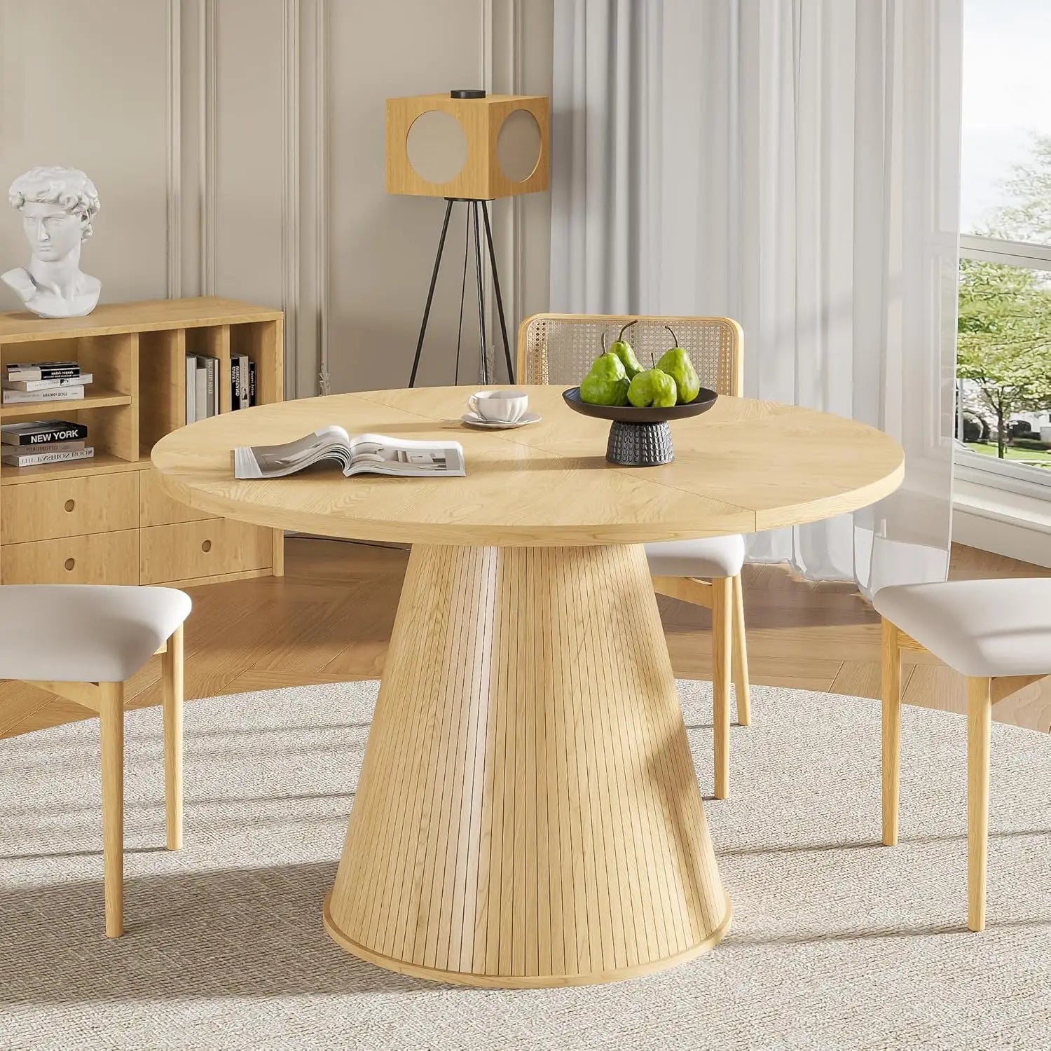 Round Dining Table for 4, Farmhouse Fluted Dining Kitchen Table, 47 Inch Modern Wood Small Circle Dining Table for Kitchen