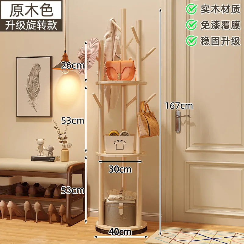 Rotating Wooden Coat Rack Durable Floor Standing Clothes Hanger Bedroom Clothes Rack Stand Space-Saving Storage Rack