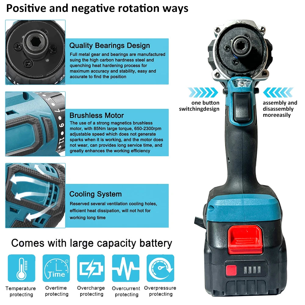 JAUHI 20+1 Torque 280N.m Brushless Electric Screwdriver Rechargeable Cordless Electric Drill Screw Driver for Makita 18v Battery