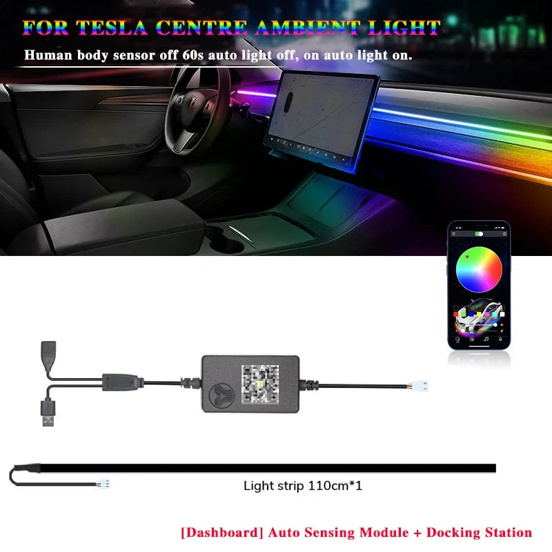 Car Ambient Light 60 Seconds Automatic OFF Module With USB Expansion Dock RGB APP Dashboard Lighting For Tesla Model 3 Y S X