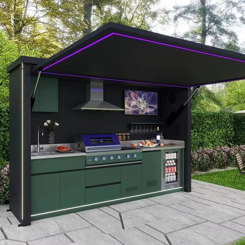 Custom Outdoor Kitchen Island BBQ Station with Sink & Storage Cabinets All-Weather Patio Cooking Island for Backyard