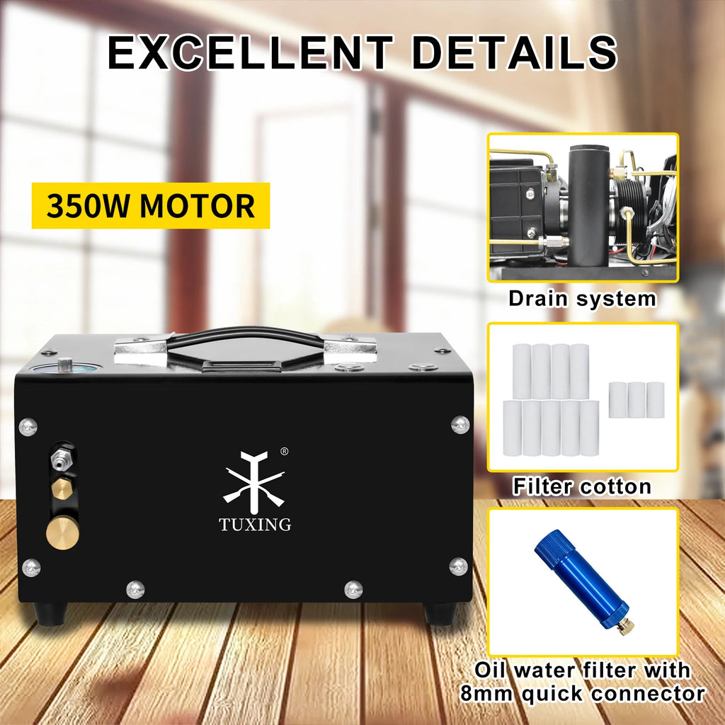 TUXING TXET061 300Bar 12V PCP Air Compressor 4500Psi Portable High Pressure Auto-Stop Compressor with 12V Power Supply PCP Rifle