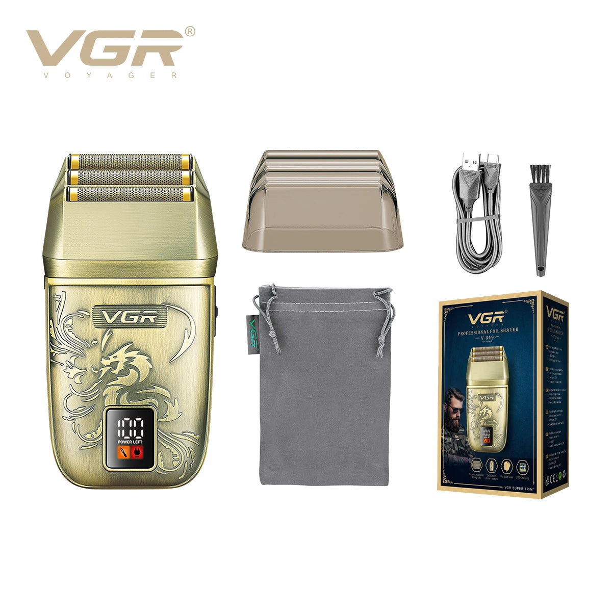 VGR Retro Metal Shaver Three Blade Deep Cleaning Shaver Embossed Body Intelligent Digital Hair Trimmer Hair Whitening V-349