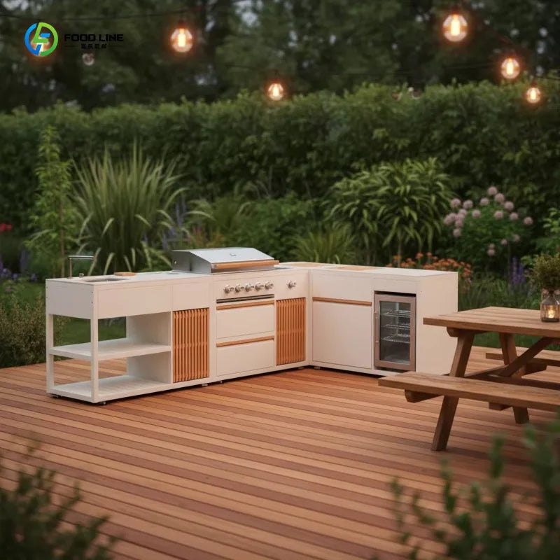 Custom Modular Outdoor Kitchen Cabinet With Large Pizza Oven, Gas Grill, Refrigerator And Sink For Garden Use