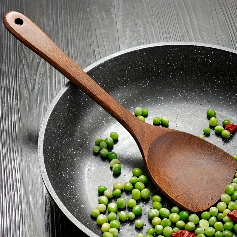 Natural Teak Wood Kitchen Utensil Set Wooden Cooking Tools with Holder Ideal for Healthy Non - Stick Cookware Cooking