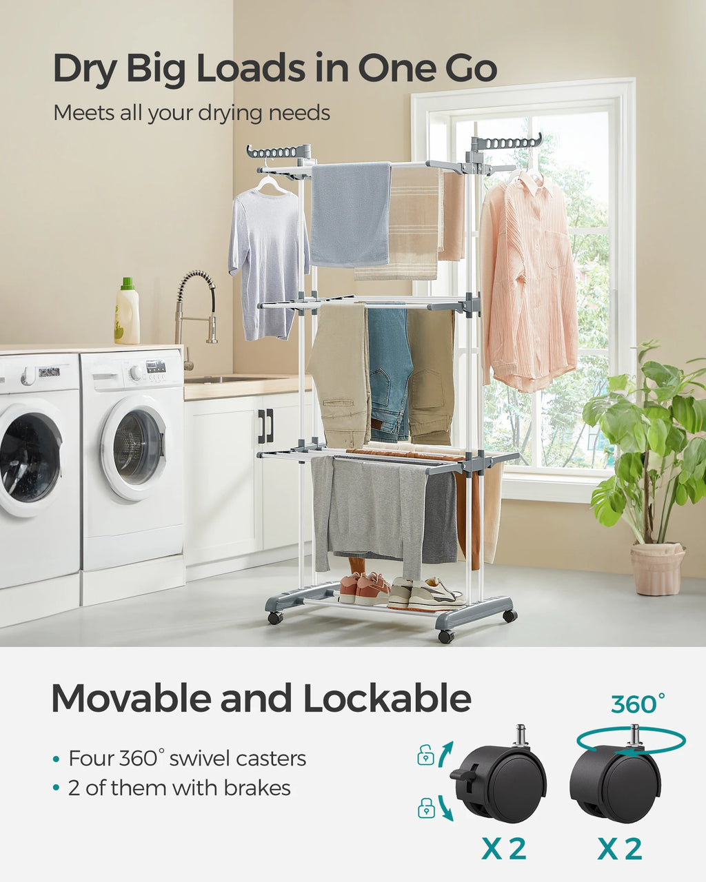 SONGMICS Clothes Drying Rack Stand 4-Tier, Foldable Laundry Drying Rack 68.1-Inch Tall, Steel, Rolling Clothes Horses Dryer Rack
