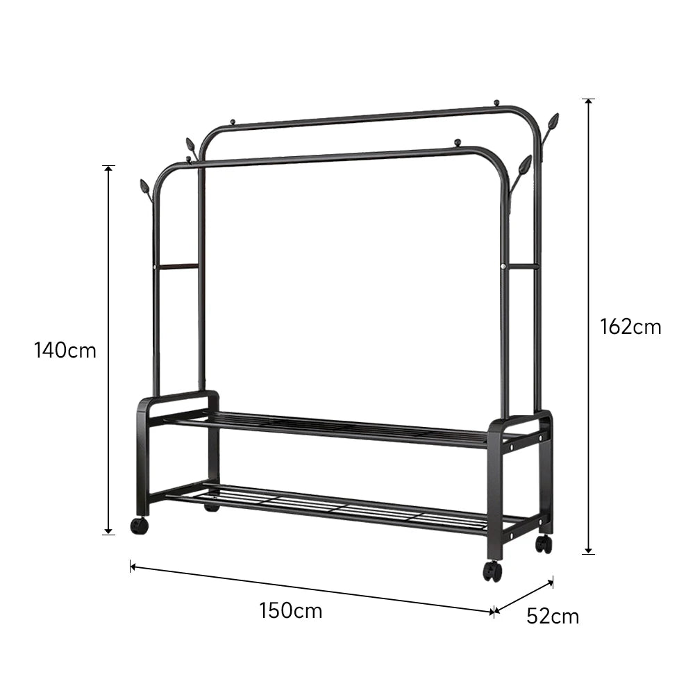 【Breeins】Double-Rod Clothes Rack with Wheels Storage Organizer Clothes Shelf Tidy Home Decoration