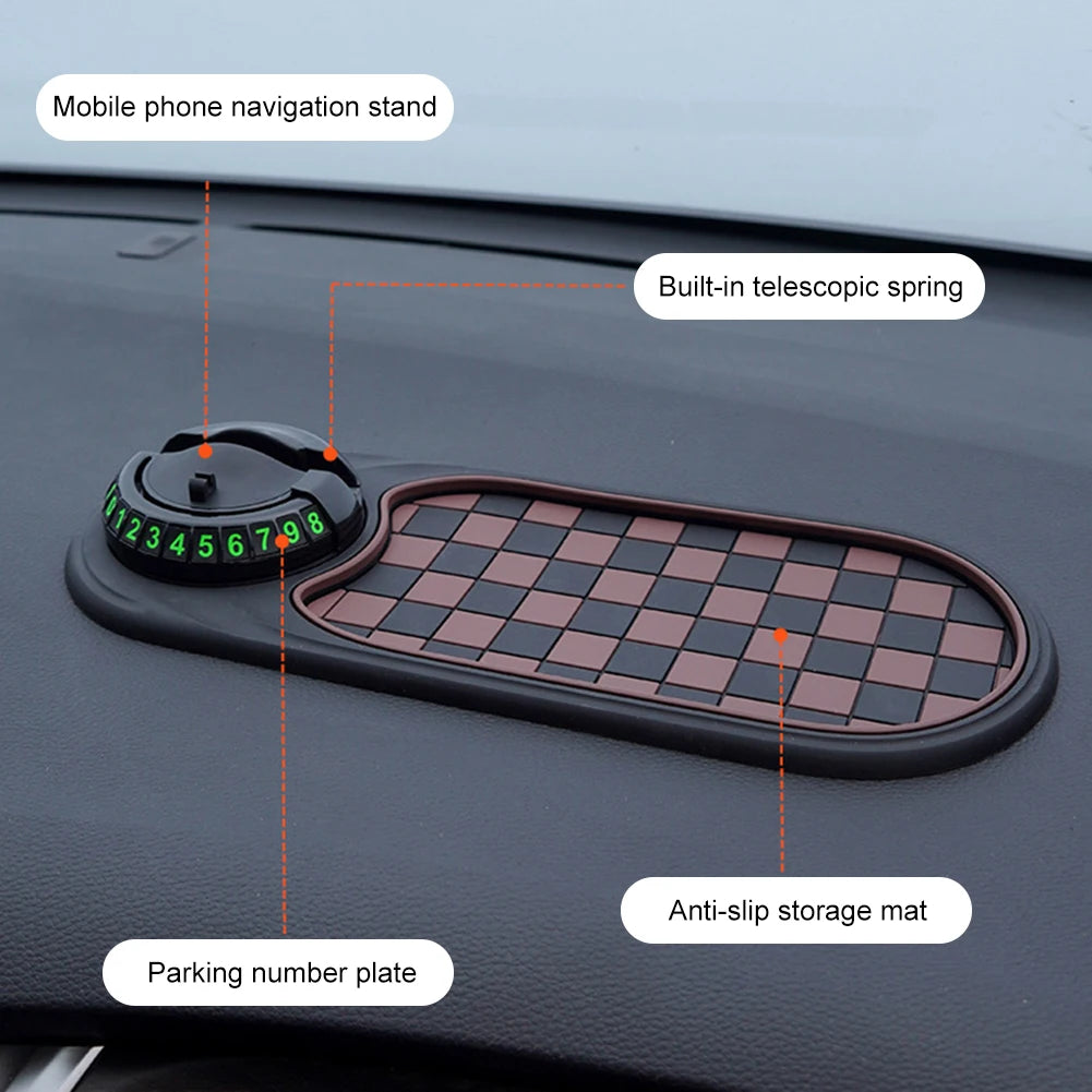 Car Dashboard Mat with Parking Number Plate Car Dash Grip Pad Anti-Shake Rotating Car Phone Holder Anti-Slip Car Accessories