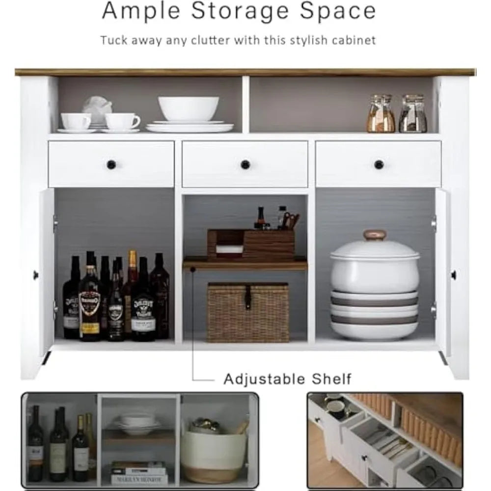 Farmhouse Coffee Bar Cabinet with Storage, 47 Inch Coffee Bar with 3 Drawers & 2 Doors, White Buffet Cabinet with Open Shelf,