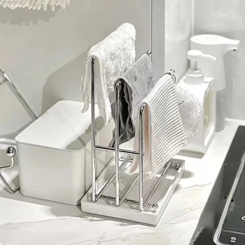 Stainless Steel Kitchen Towel Rack with Soap Dish,3-Bar Dish Cloth Hanger with Drain Tray,No-Drill Countertop Organizer for Sink
