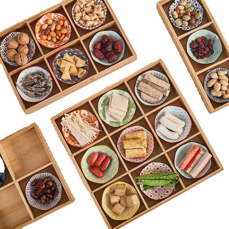 Wooden Tea Cooking Tray Utensils Four  Grids Hot Pot Restaurant Sauce Dish Ceramic Material  Style Fruit Tray