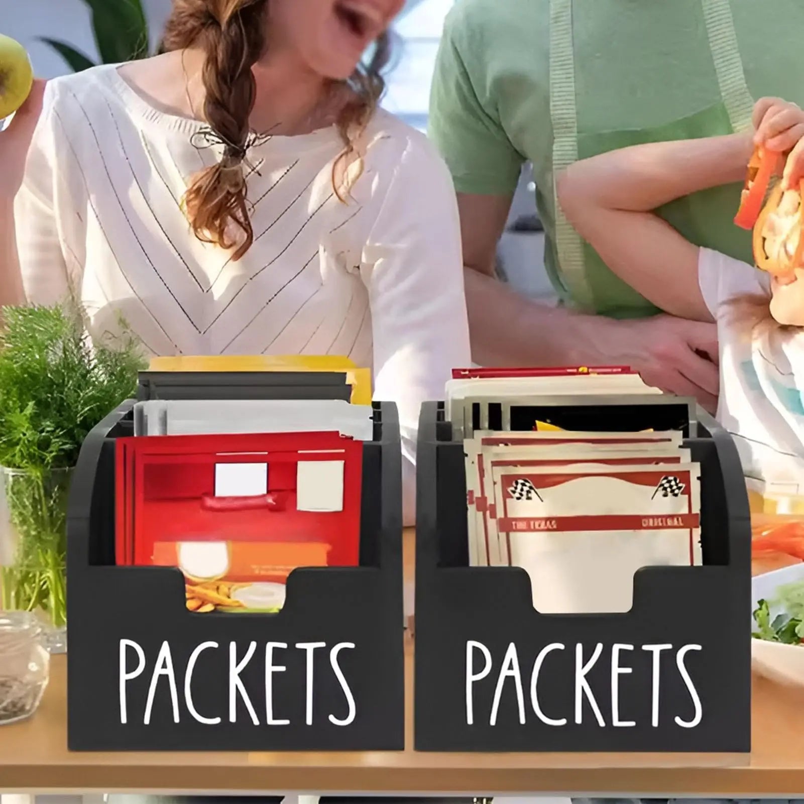Kitchen spice bag storage box, wooden spice rack with 4 compartments, kitchen counter and pantry food bag organizer