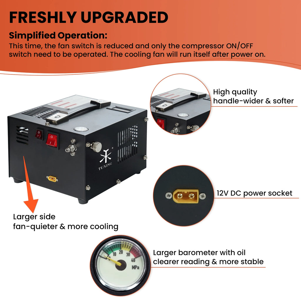 TUXING TXES061 300Bar 12V PCP Air Compressor 4500Psi Portable High Pressure Compressor with Transformer for Diving Scuba Tank