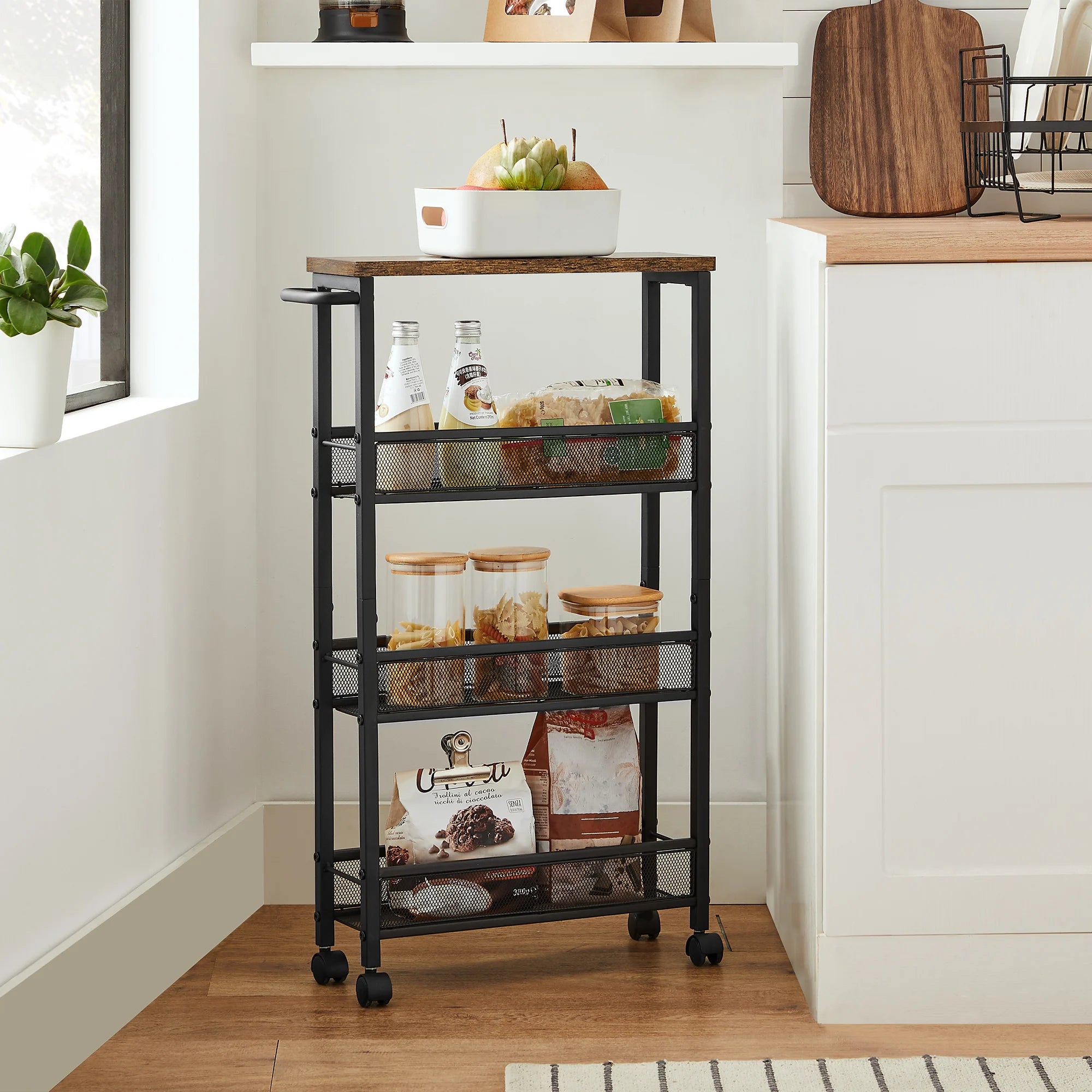 VASAGLE 4-Shelf Trolley, Space-Saving Kitchen Cart with Wheels, Steel Frame, Handle, Trolley for Small Spaces, Kitchen Bathroom
