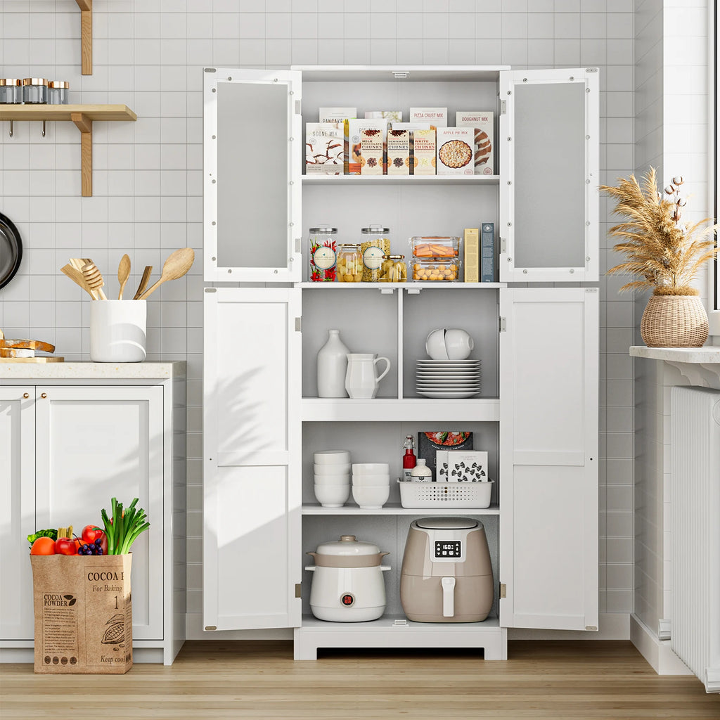 Bathroom wardrobe White, Bathroom wardrobe with 4 Doors and 6 Compartments, High wardrobe Kitchen wardrobe for bathroom, living room, Dining Room, B