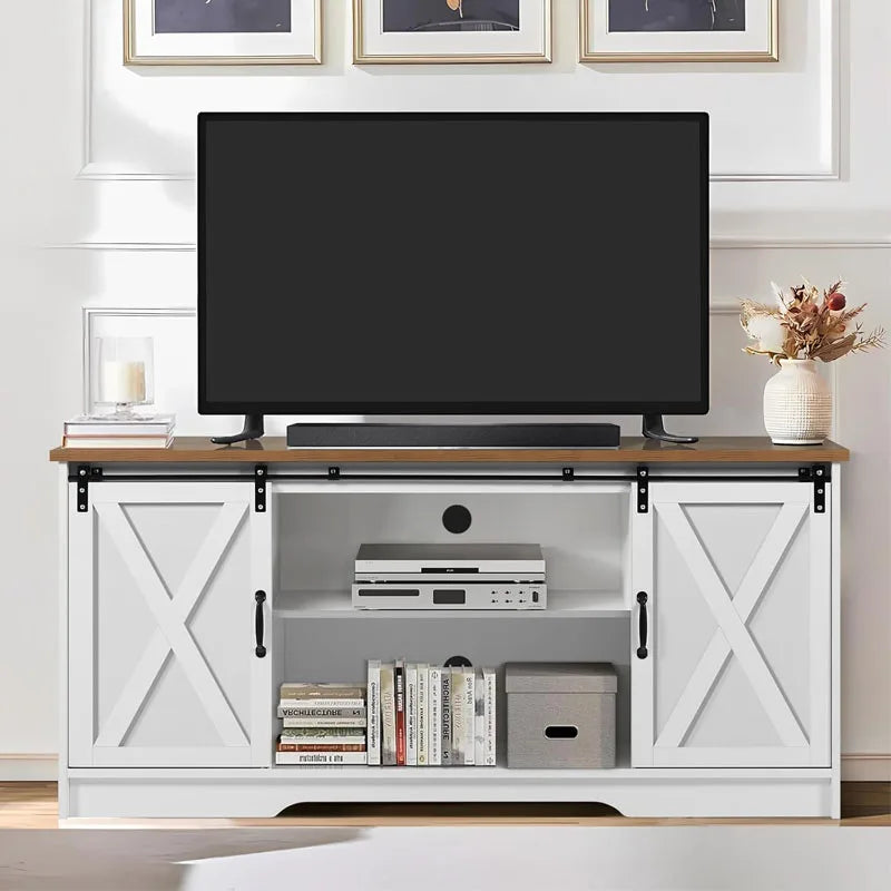 59-inch Farmhouse Rustic Oak and Whitewood Corner TV Stand with 2 Sliding Barn Doors (Maximum TV Size 65-inch) and Adjustable Sh